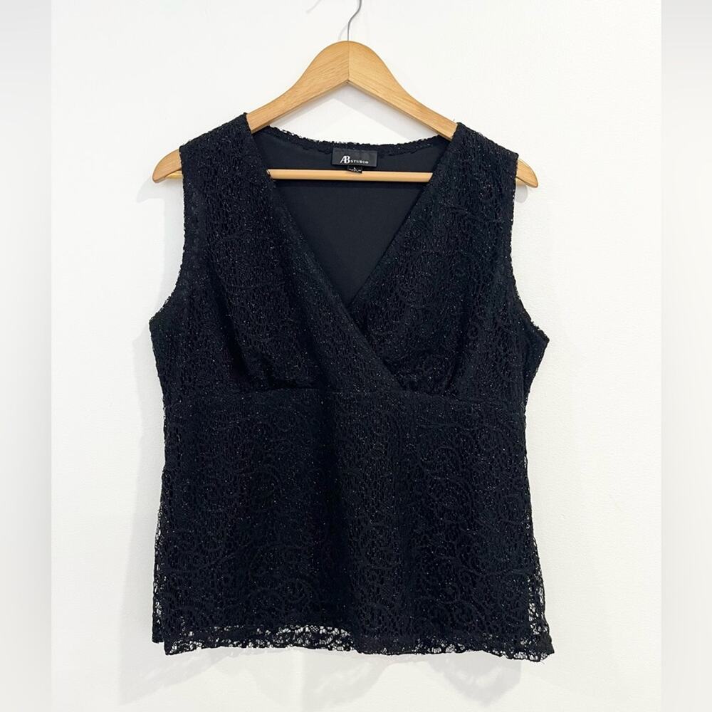 AB Studio Womens Y2K Babydoll Blouse Black‎ Lace Metallic Blouse Large